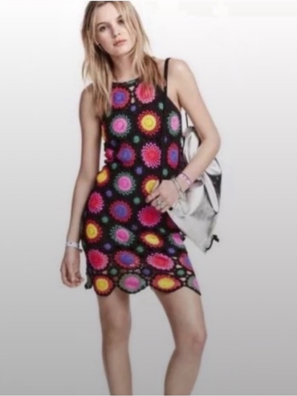 Sleeveless Black Crochet Dress with Multicolor Floral Motifs